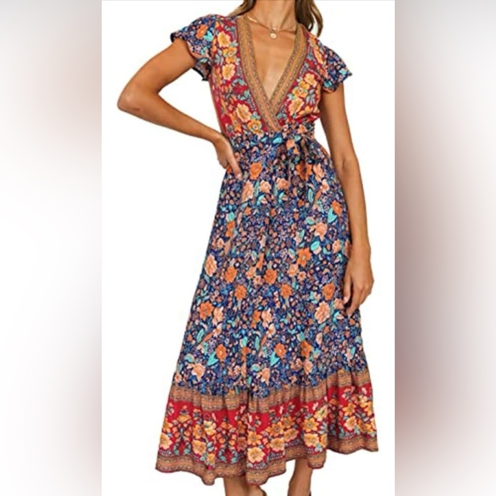 Floral Navy and Coral Tie-Waist Maxi Dress
